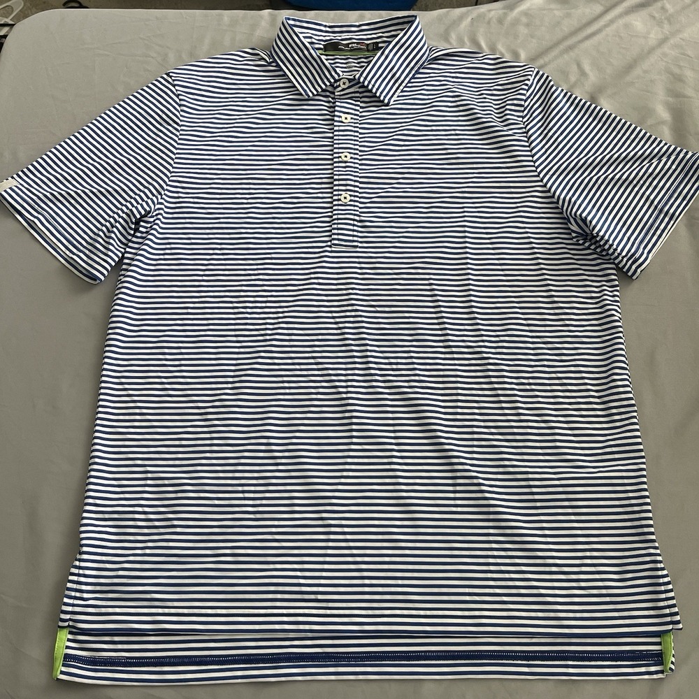 RLX Ralph Lauren Golf Polo Mens Large Blue Striped Performance Stretch Wicking